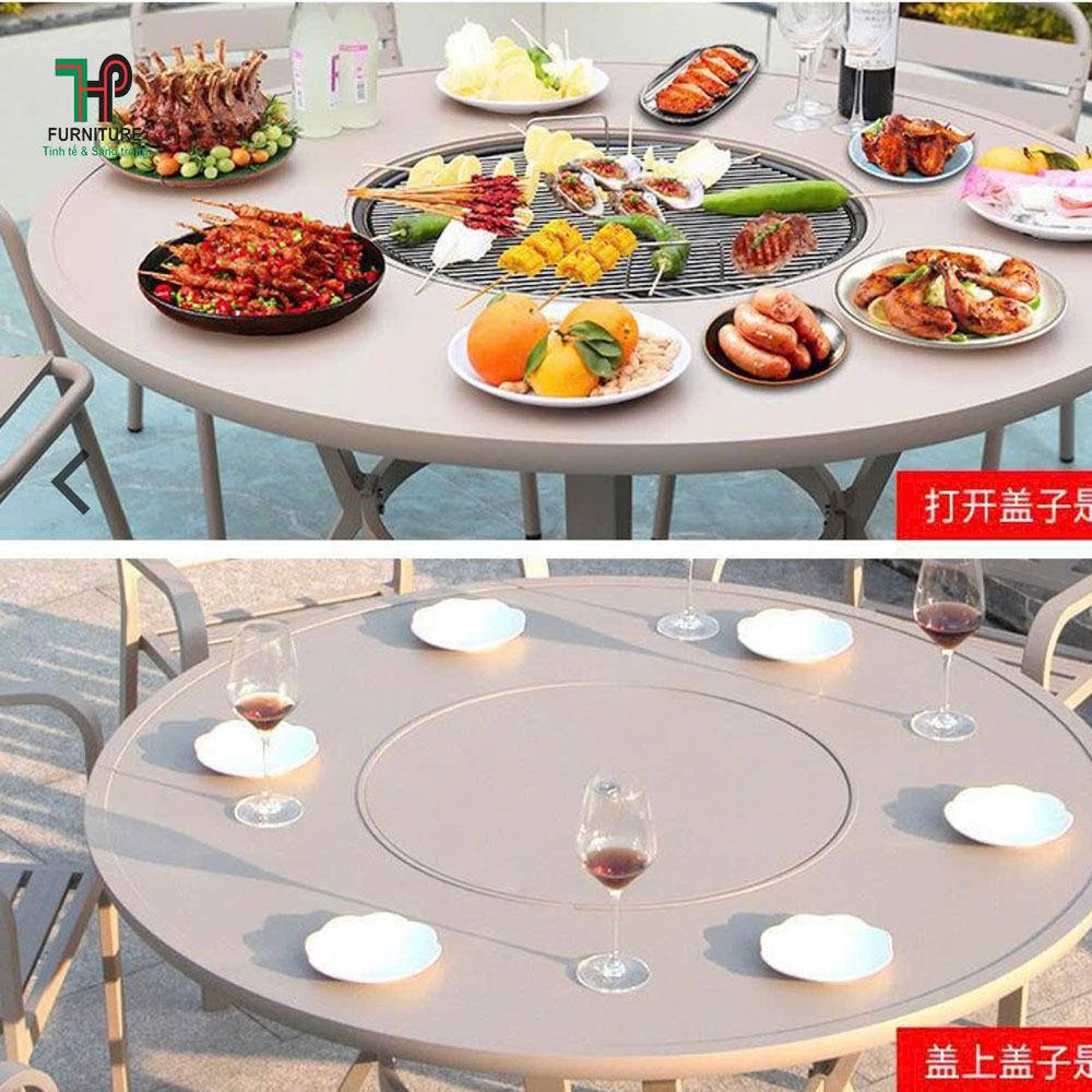 bàn tròn ngoài trời có bếp nướng